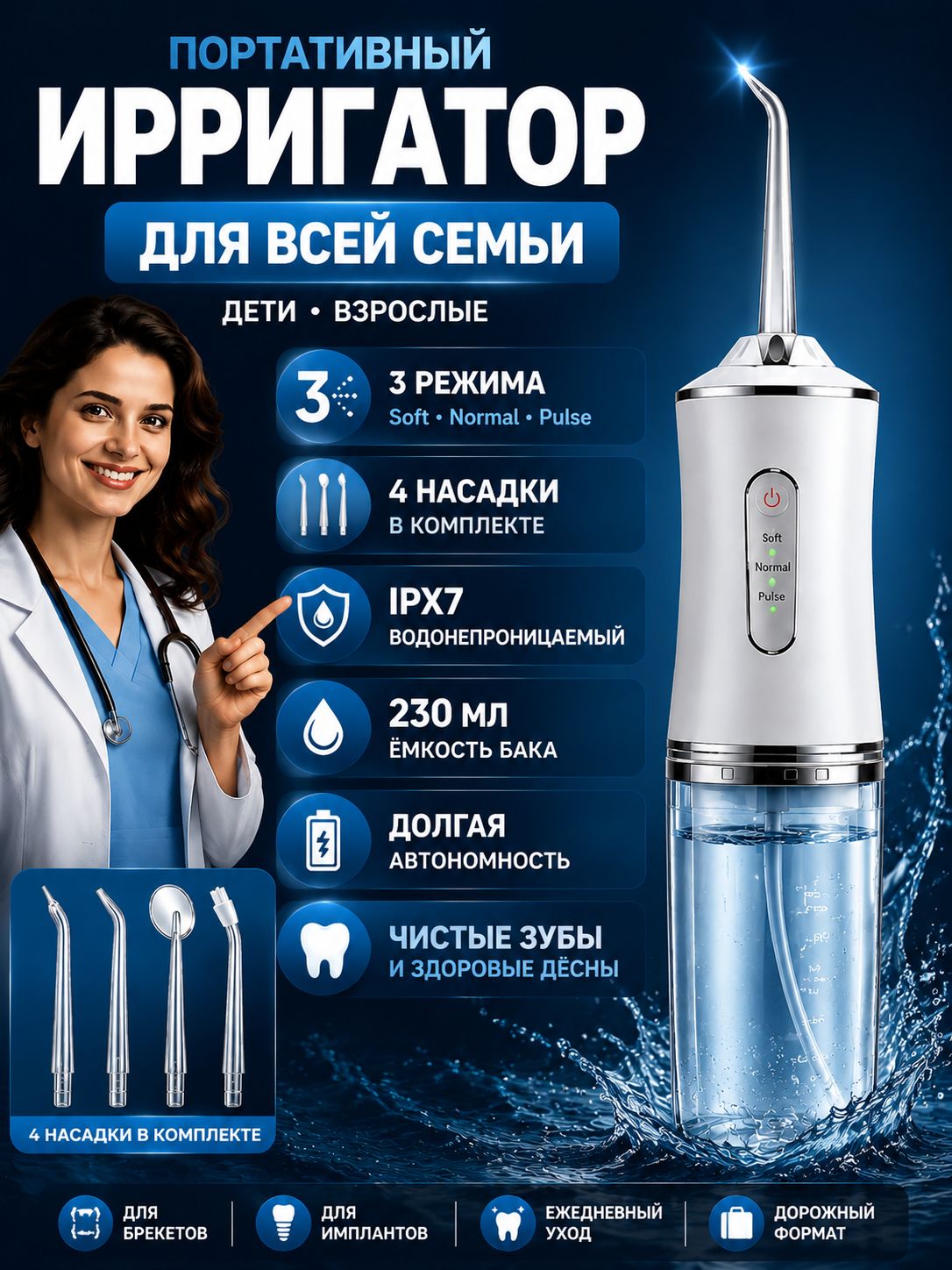 Portable Oral Irrigator with 3 Modes, 4 Attachments, 220 ml Tank, Rechargeable