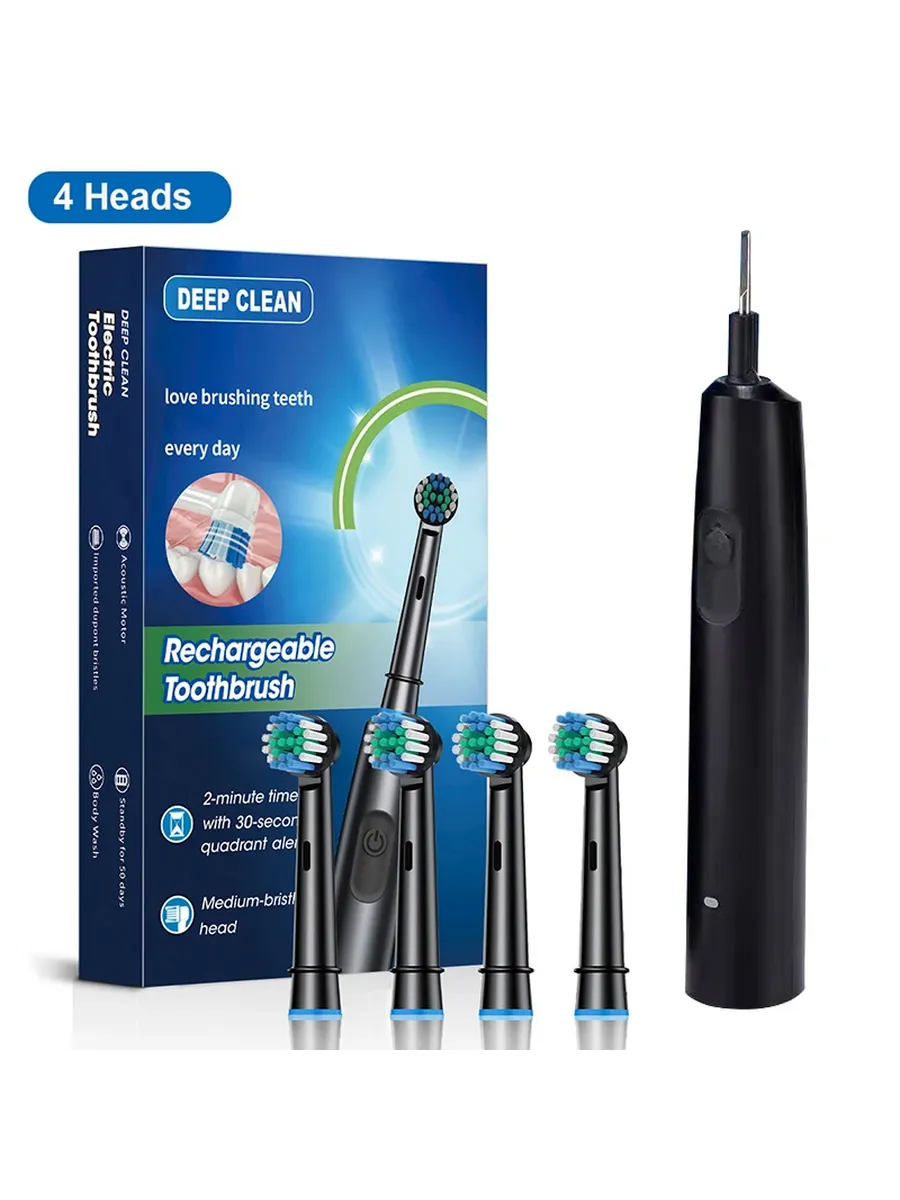 Raugee Rechargeable Rotating Electric Toothbrush with Soft Bristles, Black, 4 Heads