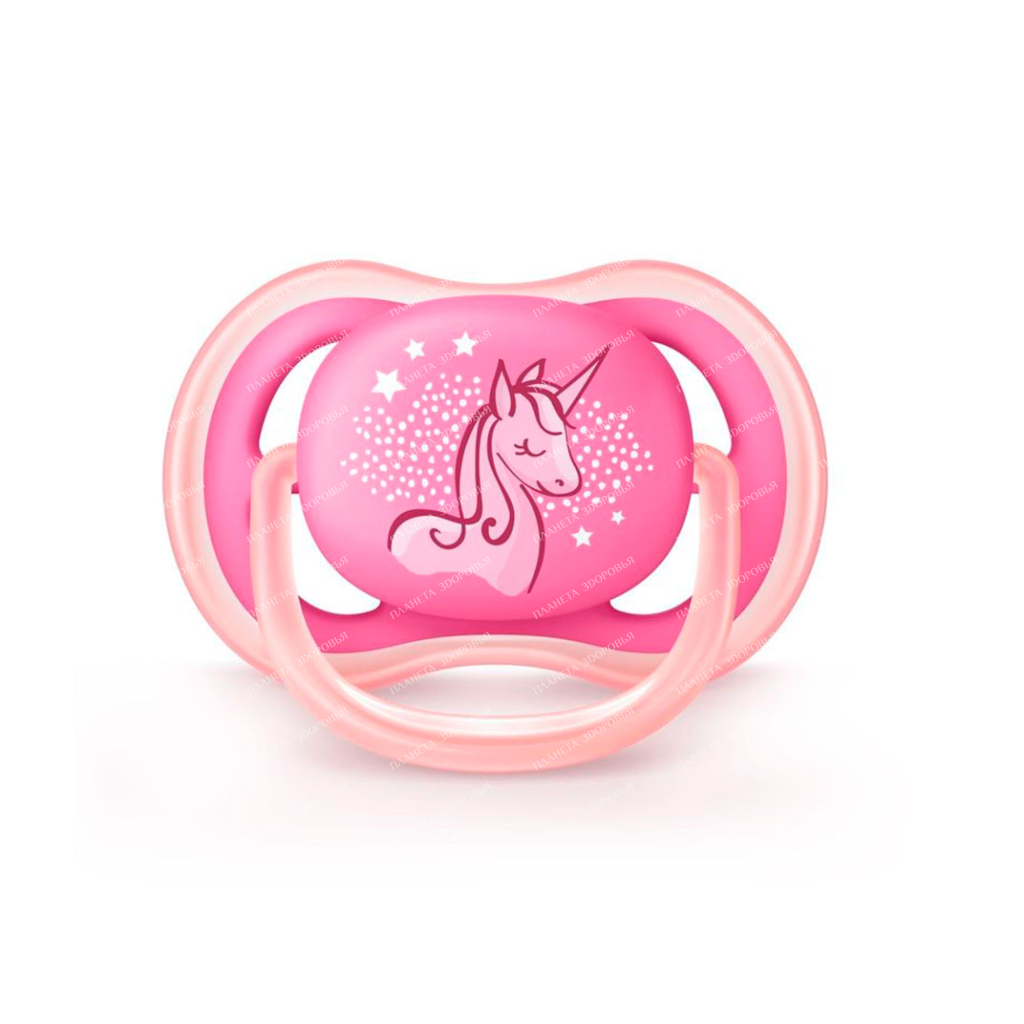 AVENT Orthodontic silicone pacifier with a shield-muzzle and a half-ra holder ring (Ultra Air decor, 6-18 months (pack of 1), for a girl), SCF546/12