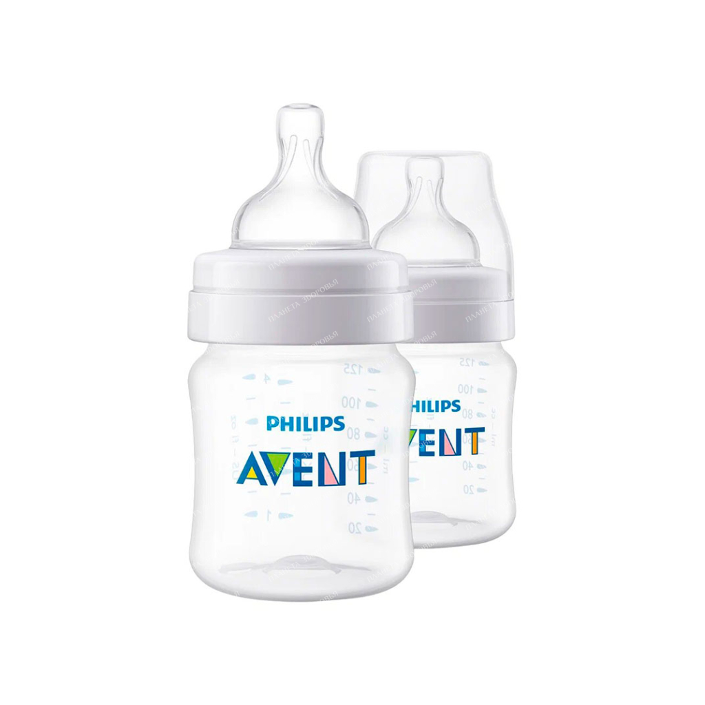 AVENT Polypropylene Bottles with Silicone Teats, Anti-colic Polypropylene Caps 125 ml SCF810/27 (pack of 2)
