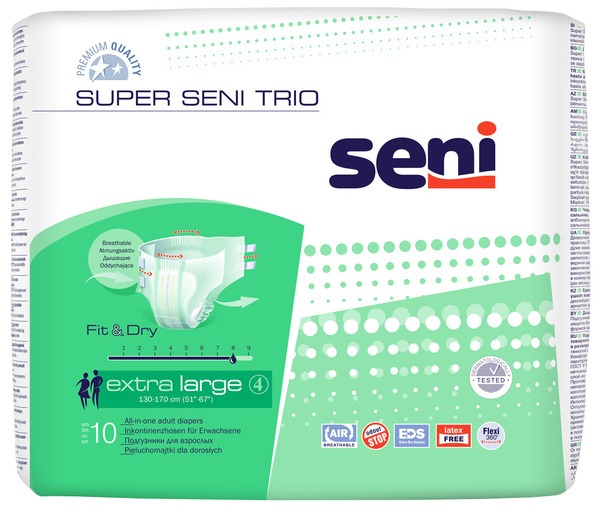 Super Seni Trio Adult Diapers Extra Large (130-170cm Waist/Hips) - 10 Count