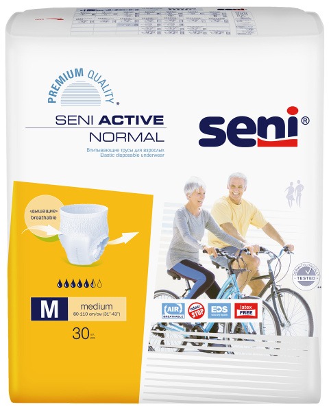 Seni Active Normal Adult Diapers, Medium (80-110cm Waist), 30 Count