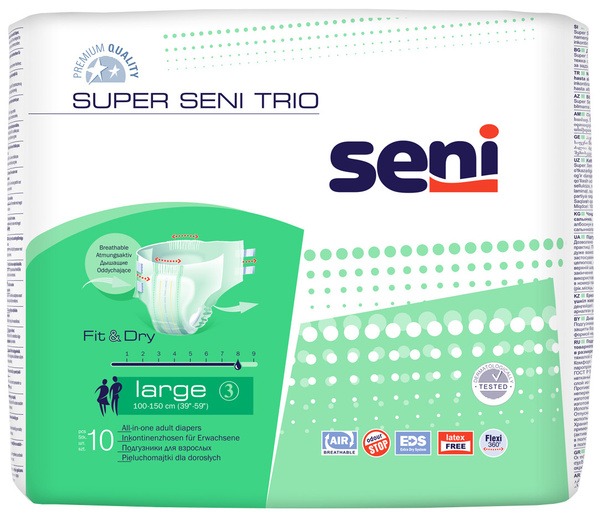 Super Seni Trio Adult Diapers Large (10 Pack) - 100-150cm Waist