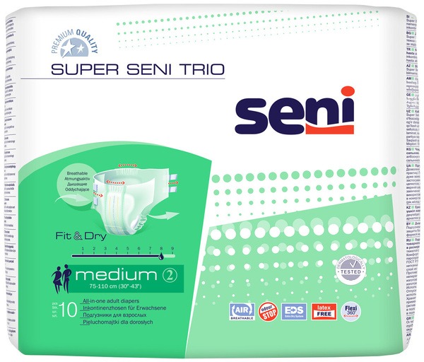 Super Seni Trio Adult Diapers, Medium (29.5"-43.3"), 10 Count