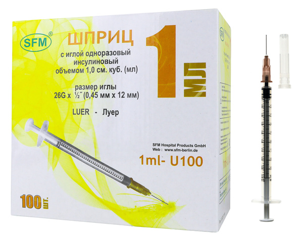 Insulin Syringe 1ml U-100 with Attached Needle 26G (0.45x12mm) - 100 Pack