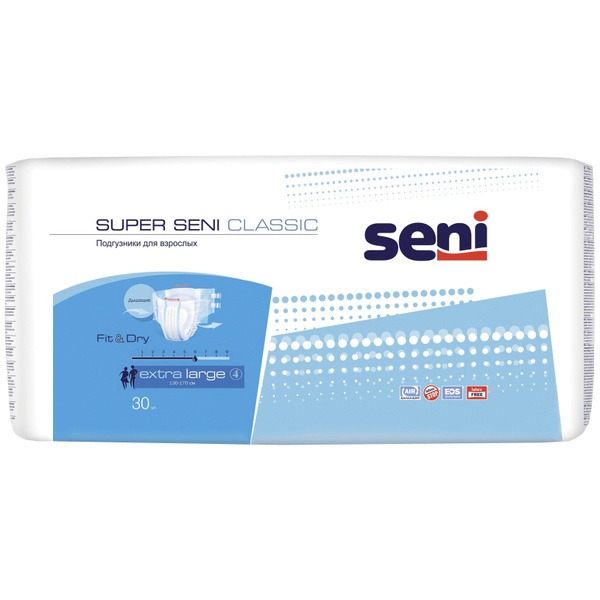 Super Seni Classic Extra Large Adult Diapers (130-170cm Waist), 30 Count
