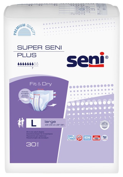 Super Seni Plus Adult Diapers, Large (30 Count), 100-150cm Waist