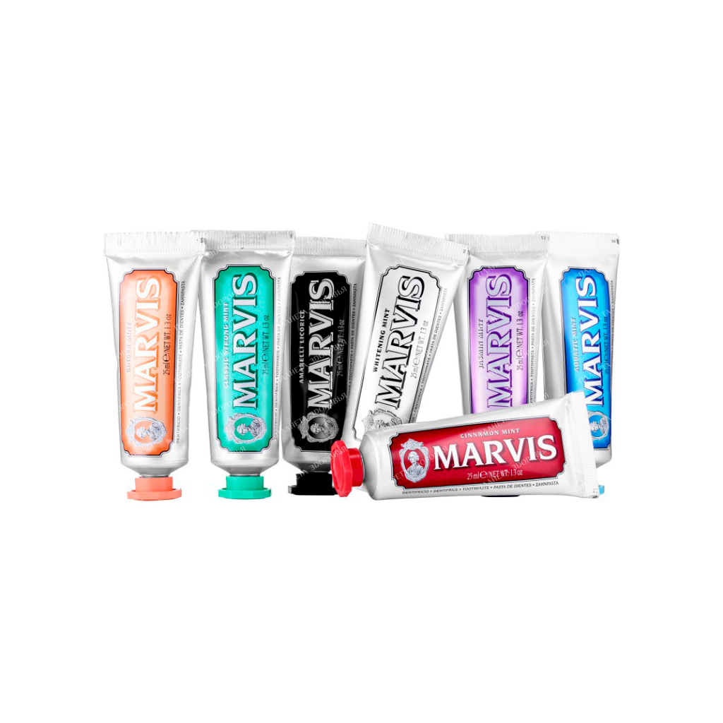 MARVIS Toothpaste Set: Classic Intense Mint, Snow White Mint, Fresh Mint, Mint & Ginger, Amarelli Licorice, Jasmine & Mint, Cinnamon & Mint, 25mlx7pcs. (plastic)