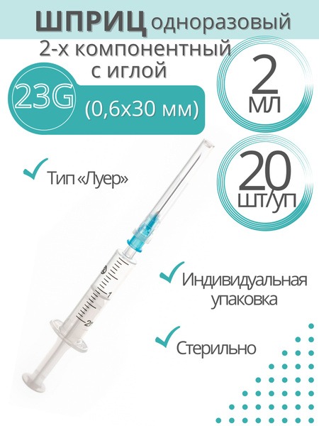 2ml 2-Part Medical Syringes (20 Pack) with 23G Needle - Made in Russia