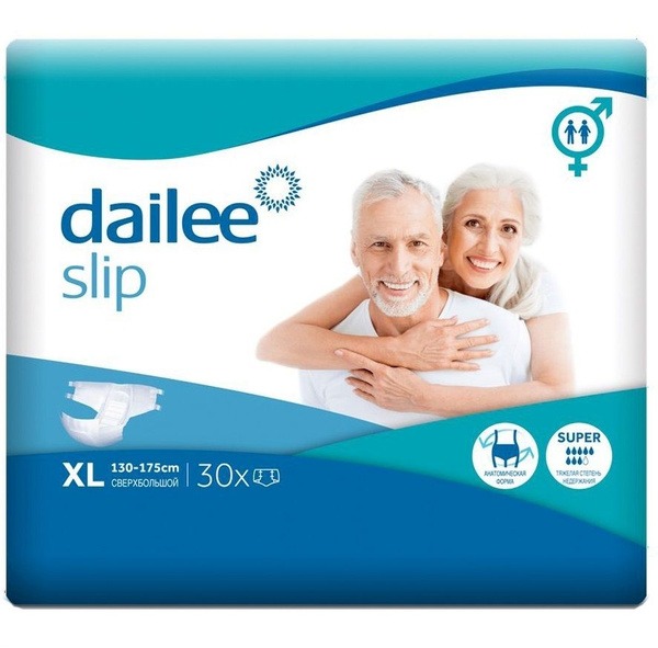 Dailee Slip Super Adult Diapers, Size XL (Waist 51-69") - 30 Count
