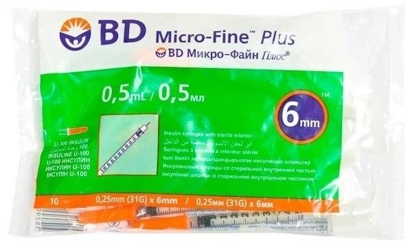 BD Micro-Fine Plus Insulin Syringes 0.5ml U100 (31G x 6mm, 10 Pack)