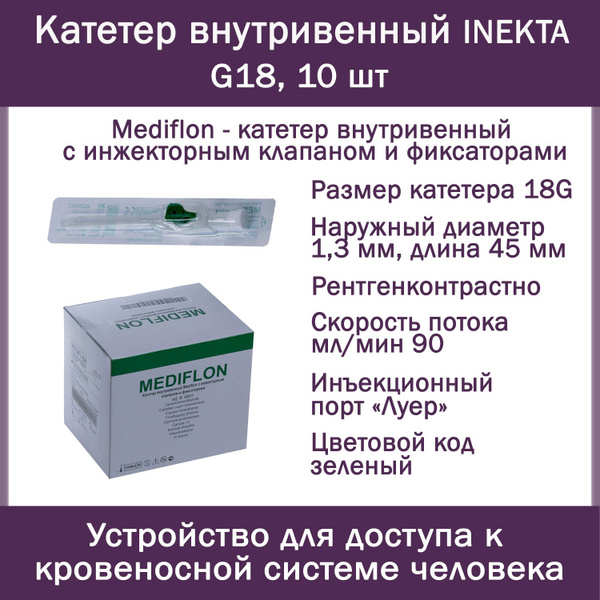 INEKTA Mediflon G18 IV Catheter with Injection Port & Securement, 10 Pack