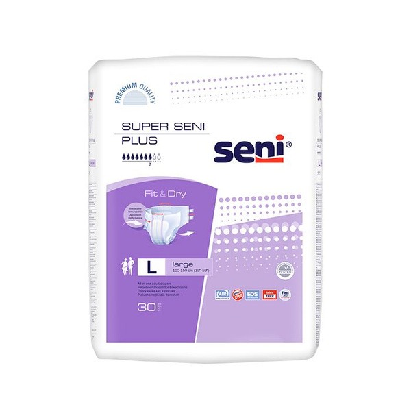 Super Seni Plus Adult Diapers, Large (Size 3), 100-150cm Waist, 30 Count