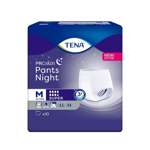 Tena Pants Night Super Medium Absorbent Underwear (80-110cm Waist, 10 Count)
