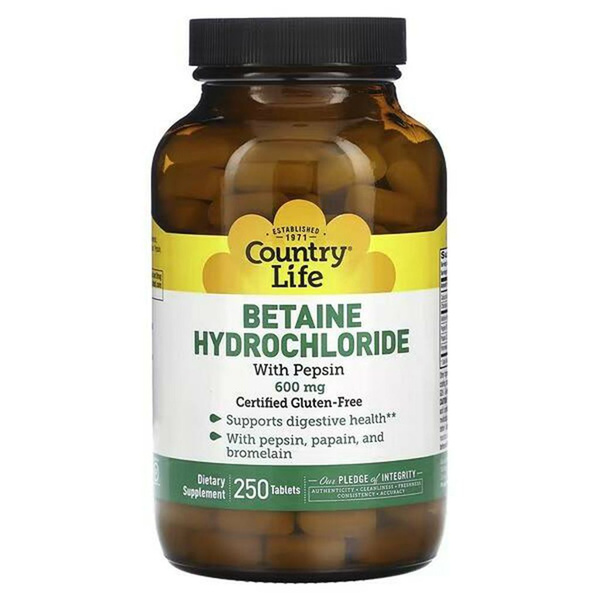Country Life Betaine HCL & Pepsin Supplement - 600mg, 250 Tablets