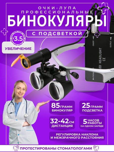 Dental & Jeweler's Binocular Loupes with LED Light - 3.5x Magnification