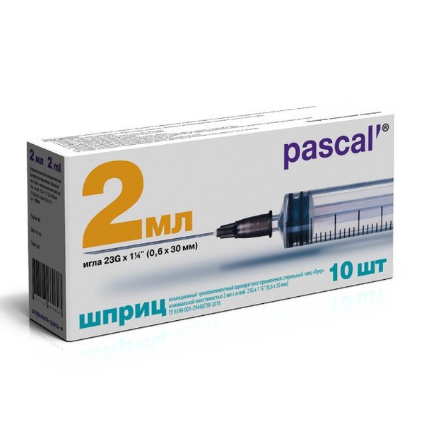 Pascal 3-Part 2ml Syringe with 23G Needle (10 Pack)