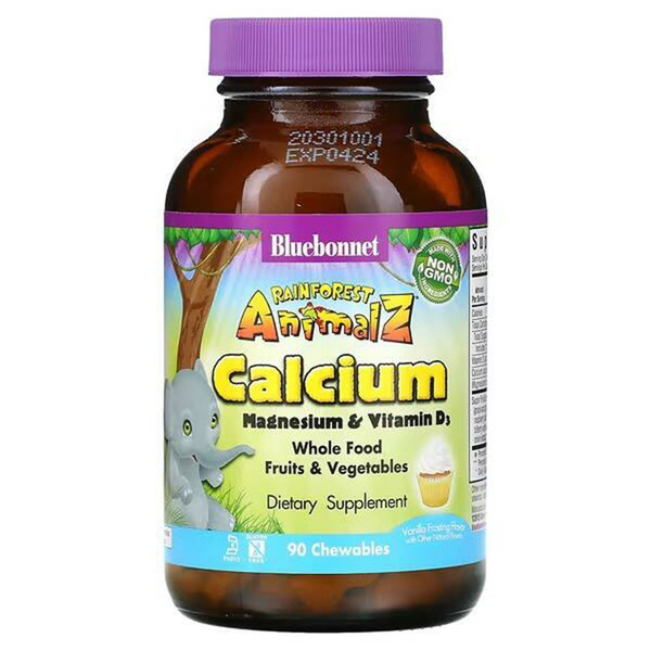 Bluebonnet Nutrition Rainforest Animalz Calcium, Magnesium & Vitamin D3 Gummies (Vanilla Glaze, 90 Count)