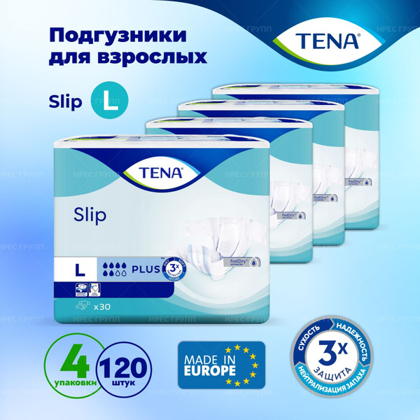TENA Slip Plus Adult Diapers (Large, 90-145cm) - High Absorbency, 120 Count (Poland)