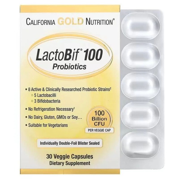 California Gold Nutrition LactoBif Probiotics: 100 Billion CFU, 8 Strains for Gut, Skin & Immunity (30 Capsules)