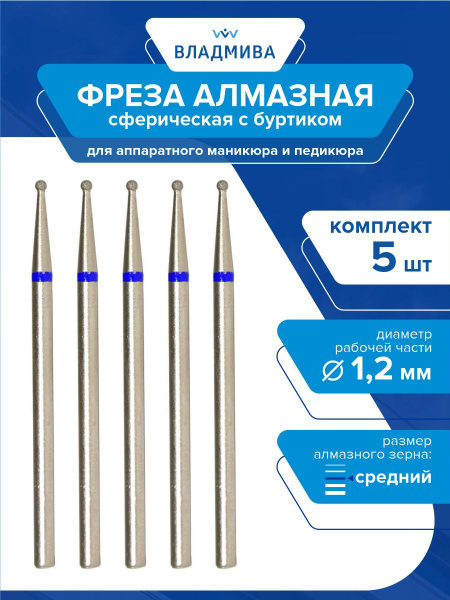 Spherical Diamond Burs with Collar, Medium Grit, 1.2mm - 5 Pcs Set 866.104.002.030.012