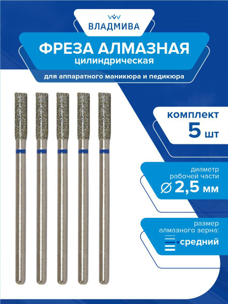 Diamond Cylinder Burr Bit, Medium Grit, 2.5mm, 5-Piece Set, 866.104.107.060.025