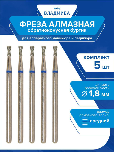 Diamond Tapered Burr Fissure Burs, Medium Grit, 1.8mm - 5pc Set (866.104.019.022.018)