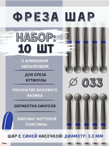 10pc Diamond Ball Nail Bit Set for Manicure & Pedicure - Blue Grit 033 for Cuticle Trimming (3.3mm)