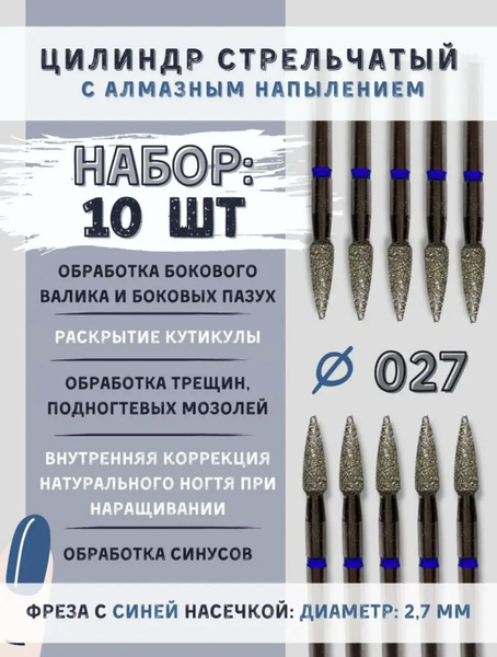 Diamond Nail Drill Bits for Manicure & Pedicure - Blue Coated Tapered Bullet for Cuticle, Pockets, Cracks & Subungual Corns (10 pcs, 2.7mm)