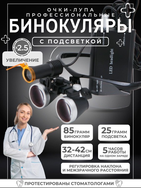 Dental Binocular Loupes with LED Light - 2.5x Magnification, Flip-Up Design