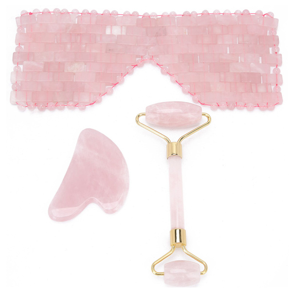 Rose Quartz Facial Roller & Gua Sha Set: 3-Piece Beauty Massage Kit