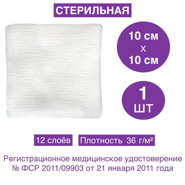 Sterile Gauze Sponge 10x10cm, 12 Ply, 36gsm, Individually Wrapped