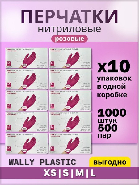 Pink Nitrile Disposable Gloves with Vinyl, Size M (500 Pairs/1000 Gloves) - Wally Plastic