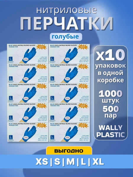 Nitrile Disposable Gloves with Vinyl, Blue, Large (500 Pairs/1000 Gloves) - Wally Plastic