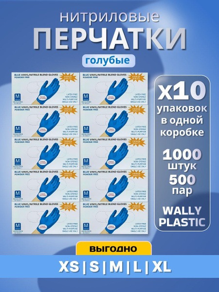 Nitrile Disposable Gloves with Vinyl, Blue, Medium (M), 500 Pairs (1000 Gloves) - Wally Plastic