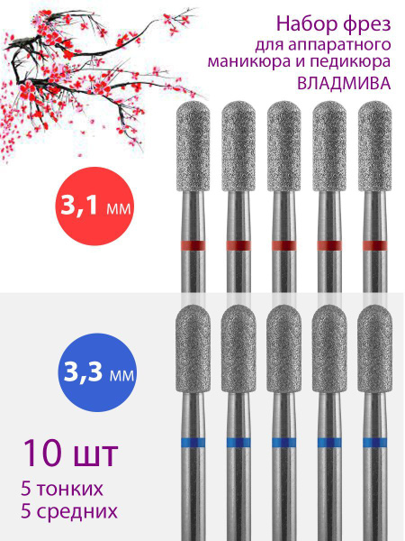 VladMiVa Diamond Nail Drill Bit Set for Manicure & Pedicure, Cuticle (3.1/3.3mm, Medium/Fine, Blue/Red Grit) - 10pc Pack
