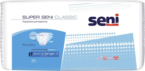 Super Seni Classic Adult Diapers - Extra Large (Size 4) - Waist 51-67 Inches - 30 Count