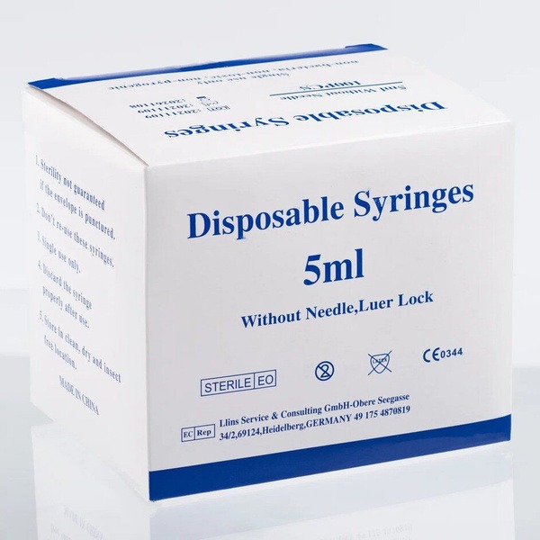 100x 5ml Luer Lock Syringes (Needleless, 21x40mm)