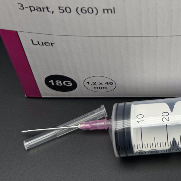Sterile Disposable 3-Part Syringe with 18G Needle (50ml/60ml) - Vogt Medical (50 Pack)