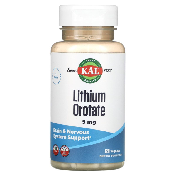 KAL Lithium Orotate 5mg, 120 Vegetarian Capsules