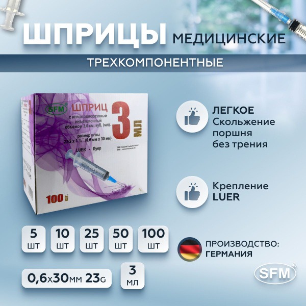 3ml Single-Use 23G Syringe with Needle (0.6x30mm)