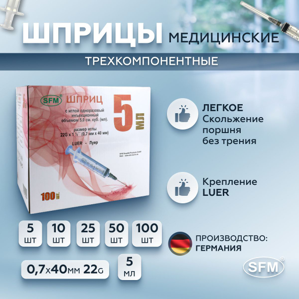 Disposable 22G 5ml Syringe with Needle (0.70 x 40mm)