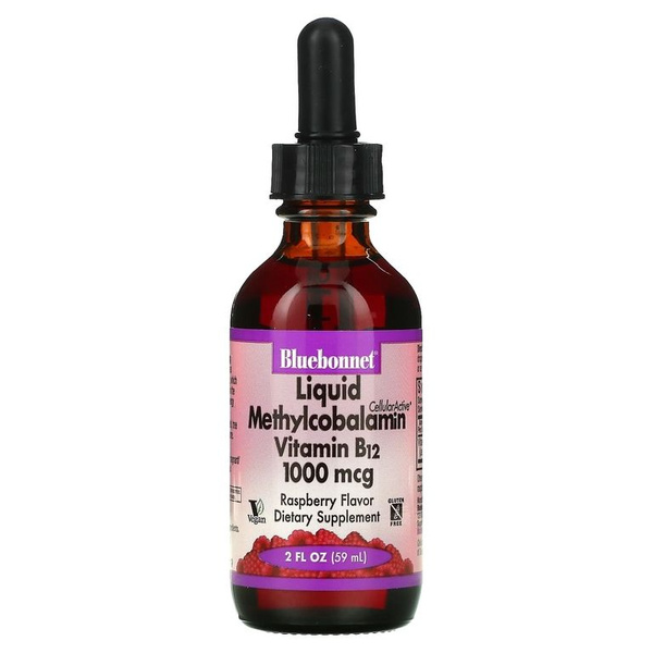 Bluebonnet Nutrition Raspberry Flavored Vitamin B12 Liquid, 1000 mcg, 59ml (2 fl oz) - Energy & Nervous System Support