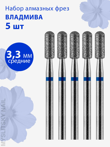 Diamond Nail Drill Bit for Manicure & Pedicure, Cuticle Care, Medium (Blue Stripe), Rounded Cylinder, Pack of 5