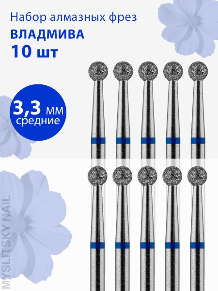 Vladmiva Diamond Nail Drill Bit for Manicure & Pedicure, Cuticle, D-3.3, Medium (Blue Grit), Ball Shape, 10-Piece Pack