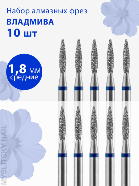 Diamond Nail Bit - Medium Grit (Blue Stripe) - Flame Shape - 1.8mm Diameter - 10 Pack