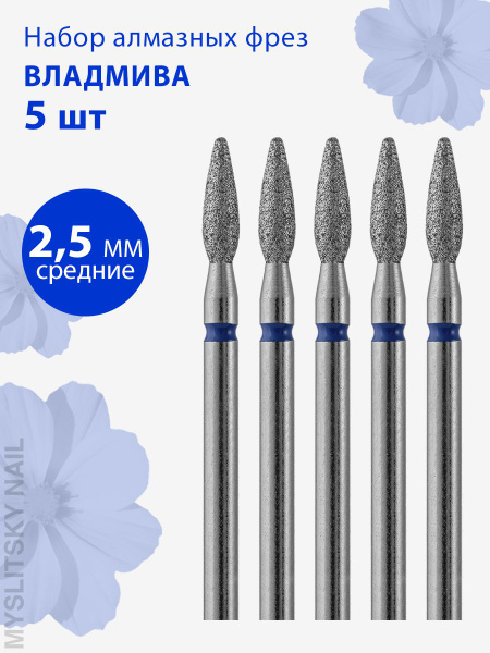 Vladmiva Diamond Nail Drill Bit for Manicure & Pedicure - Medium (Blue Stripe) Flame Shape, D-2.5mm (5 Pack)