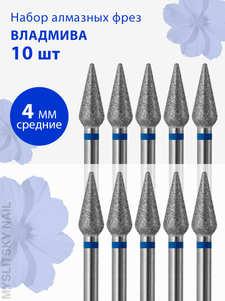 Diamond Nail Bit for Manicure & Pedicure, Cuticle, D-4.0, Medium (Blue Stripe), Rounded Cone, 10-Pack