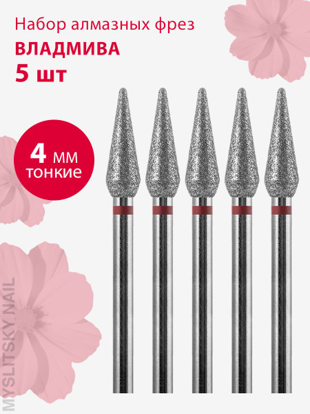 Diamond Nail Bit for Cuticle (Red Stripe, Rounded Cone, 4.0mm) - 5 Pack
