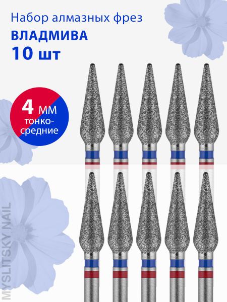 Vladmiva Diamond Nail Drill Bit for Manicure, Pedicure, Cuticle - D4.0, Fine-Medium (Red-Blue Grit), Rounded Cone (10 Pack)
